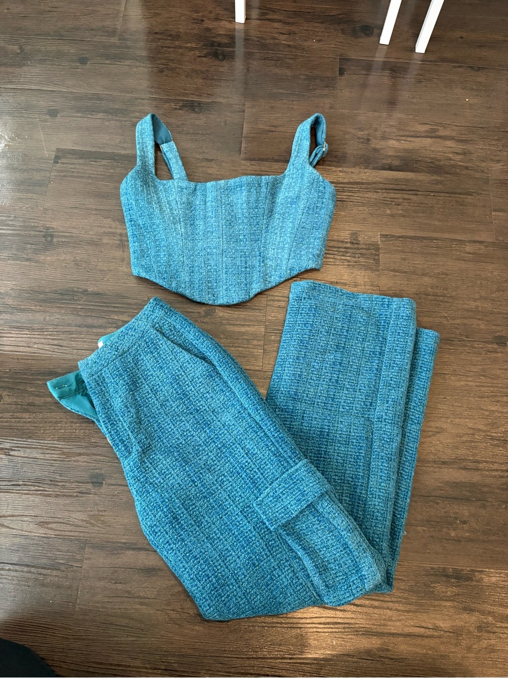 Oh Polly Teal Tweed Corset Crop Top & Trousers Set - Picture 1 of 3